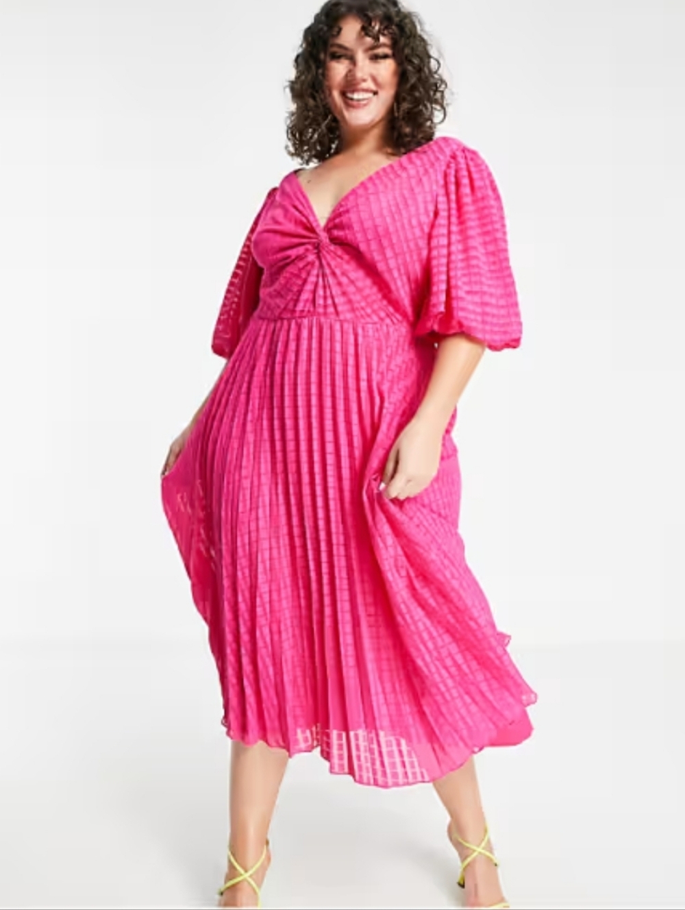 Pink Twist-Front Pleated Midi Dress